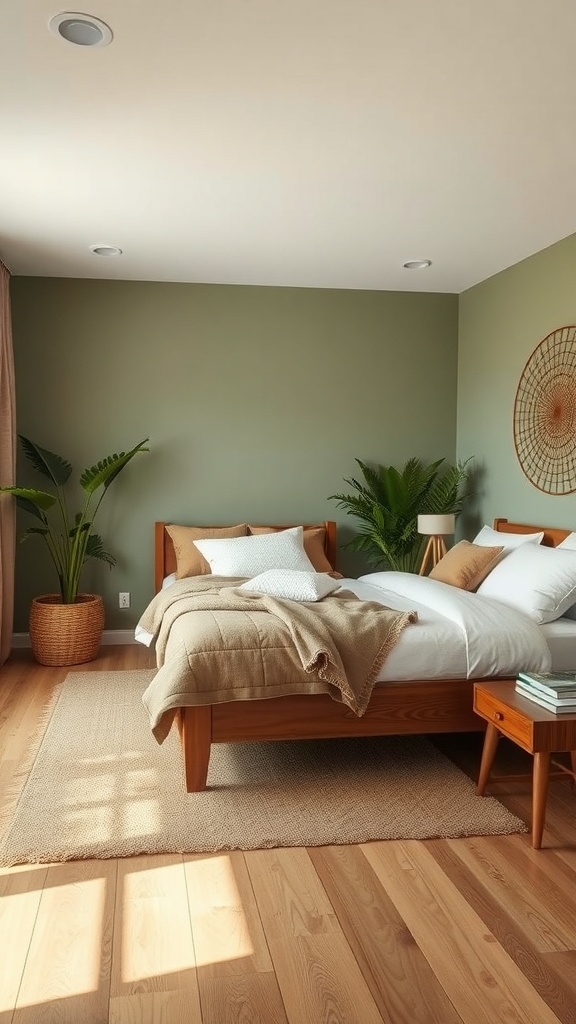 A cozy bedroom featuring earthy tones with wooden furniture and plants.