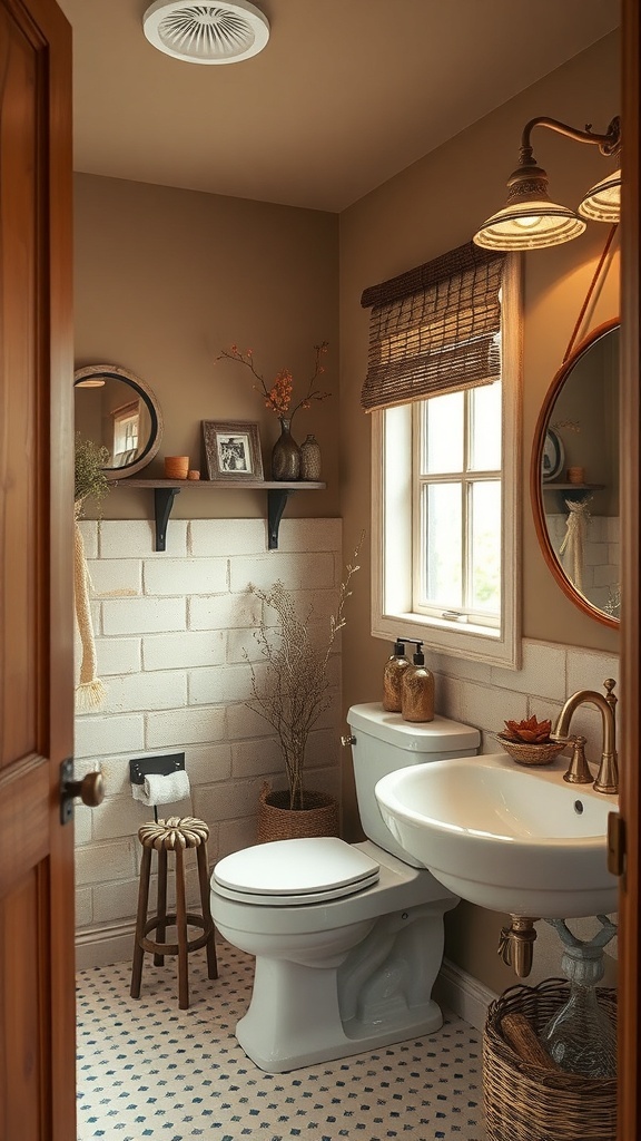 A small rustic bathroom featuring earthy color palettes with warm tones.