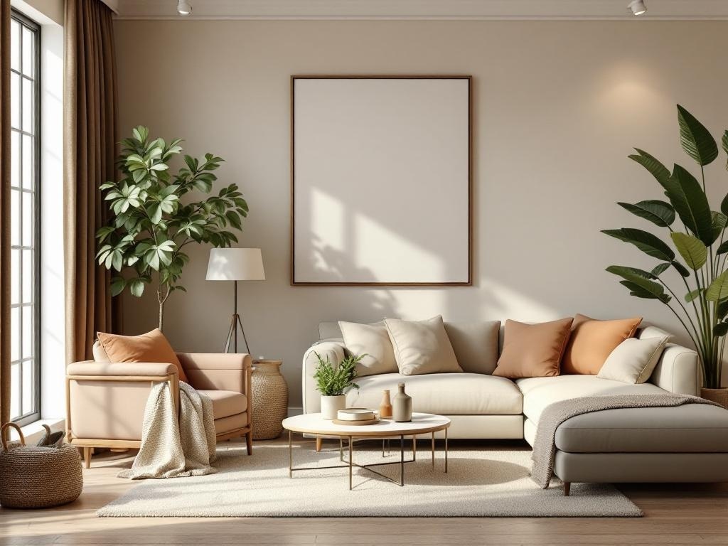 A warm minimalist living room featuring earthy color palettes with beige and brown tones, plants, and natural textures.