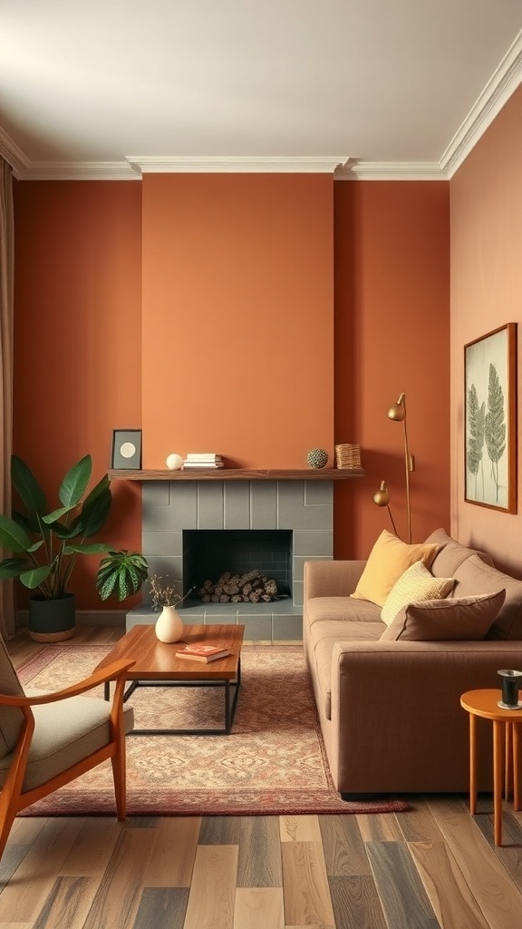 A cozy living room featuring earthy tones with a terracotta wall, a beige sofa, and wooden furniture.