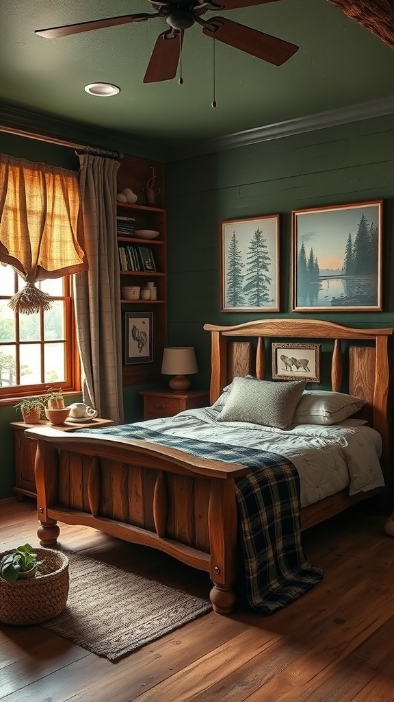 A rustic bedroom featuring earthy color schemes with wooden furniture and natural decor.