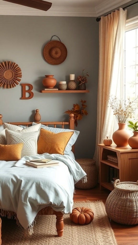 Cozy fall bedroom with earthy decor accents, featuring soft blue bedding, warm orange pillows, and natural textures.