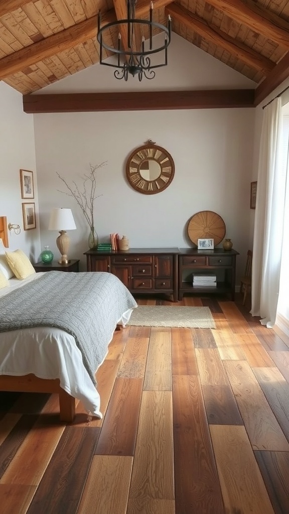 A rustic bedroom featuring wooden flooring, a wooden bed frame, and earthy decor.
