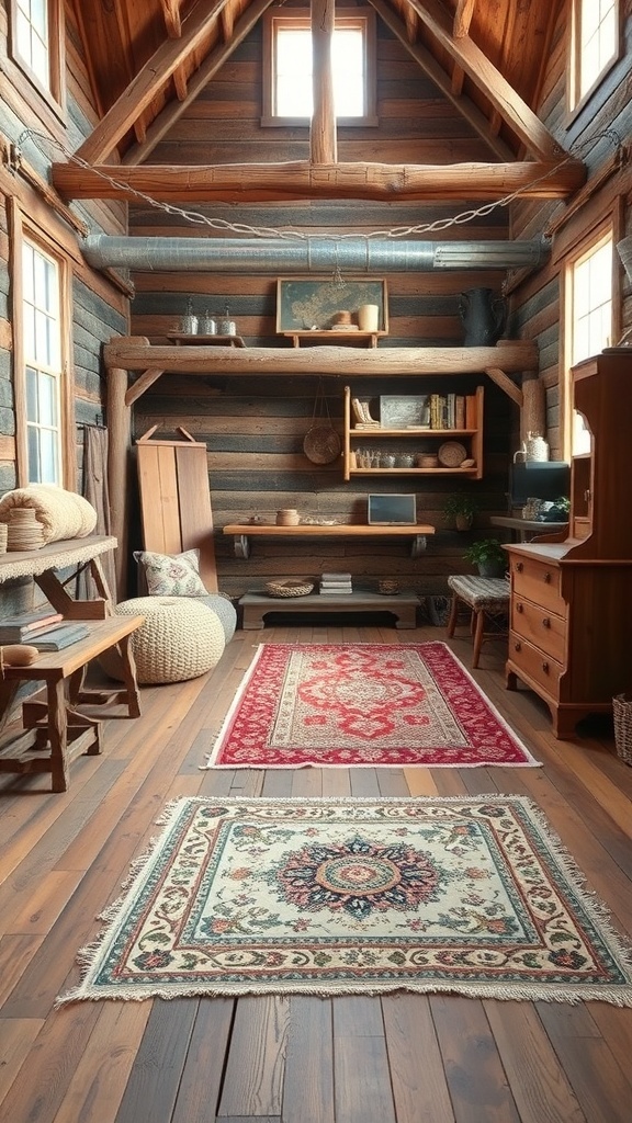 A rustic interior featuring wooden flooring and decorative rugs.
