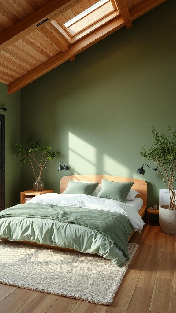 A serene bedroom featuring earthy green walls, wooden beams, and natural wood furniture.