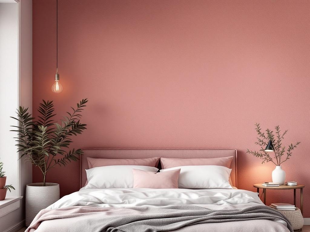A cozy bedroom with an earthy pink accent wall, featuring a bed with soft bedding, plants, and a modern light fixture.
