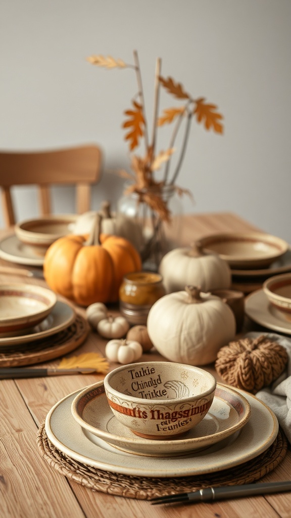 A Thanksgiving table set with earthy stoneware dishes, small pumpkins, and autumn leaves.