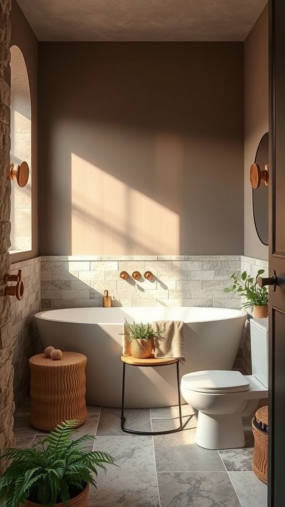 A neutral bathroom with earthy taupe tones, featuring a small sink, toilet, and plants.