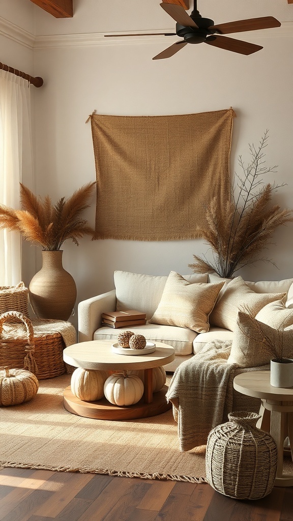 Cozy living room with neutral fall decor featuring earthy textures, a beige sofa, woven baskets, and decorative pumpkins.