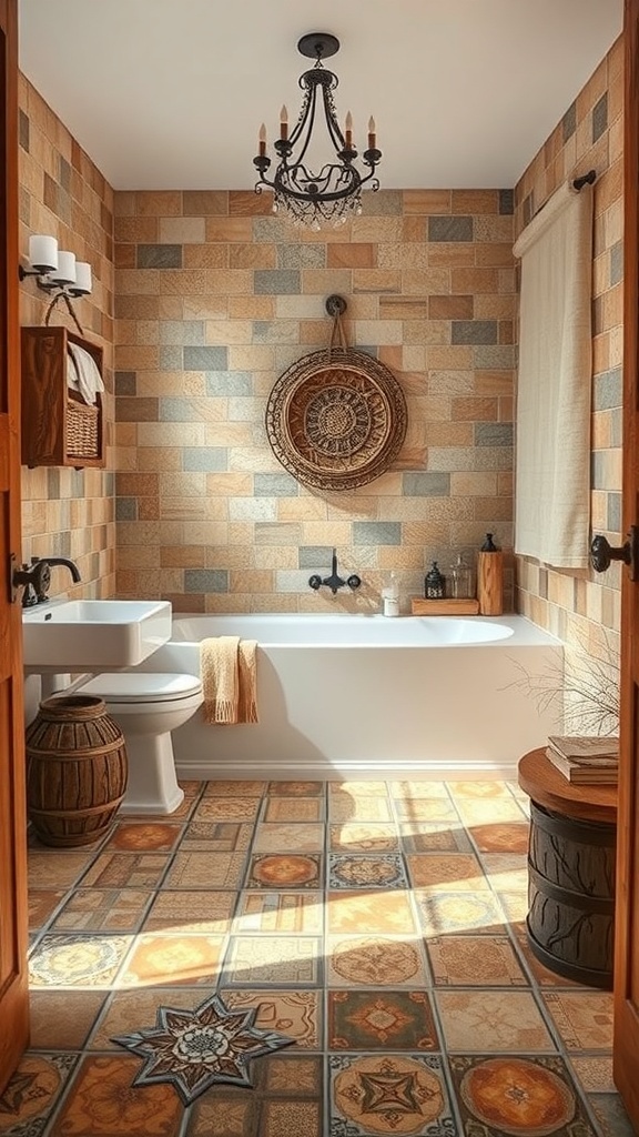 Rustic bathroom with earthy tile designs and warm colors.
