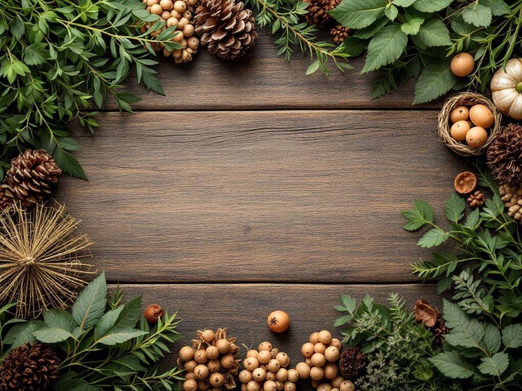 An arrangement of pine cones, leaves, and decorative items on a wooden background.