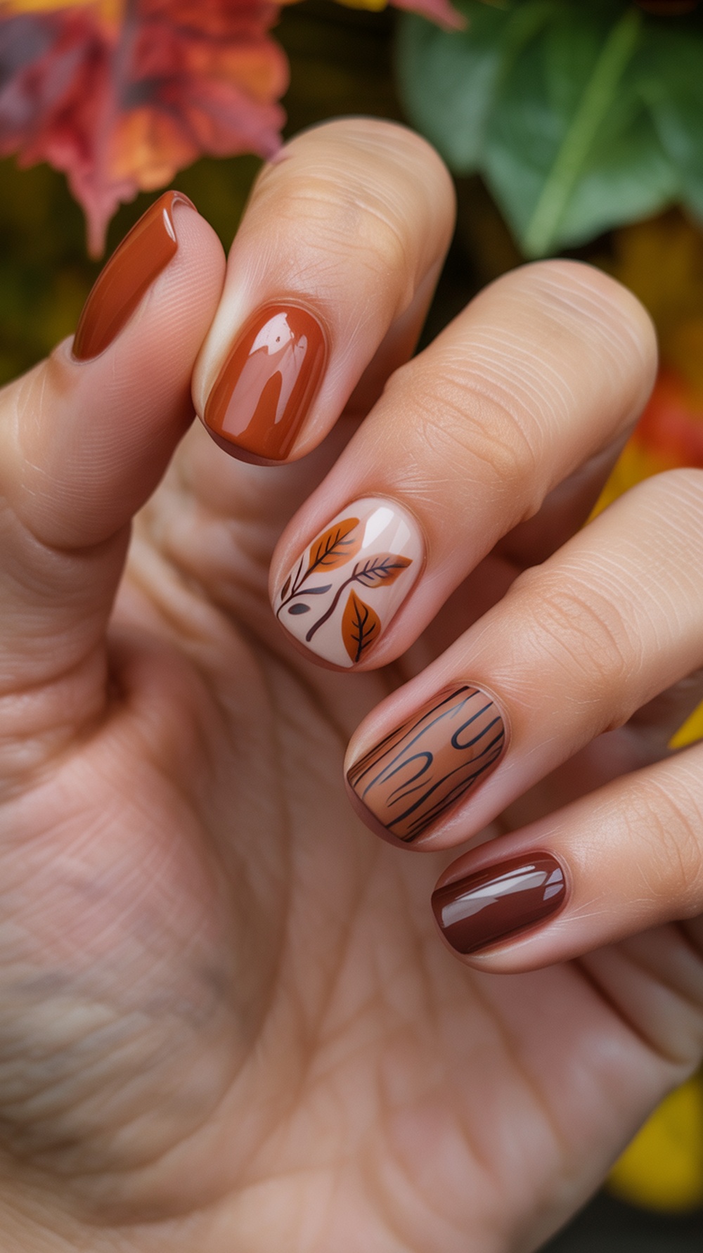 Nails painted in earthy tones with leaf patterns and wood-like textures.