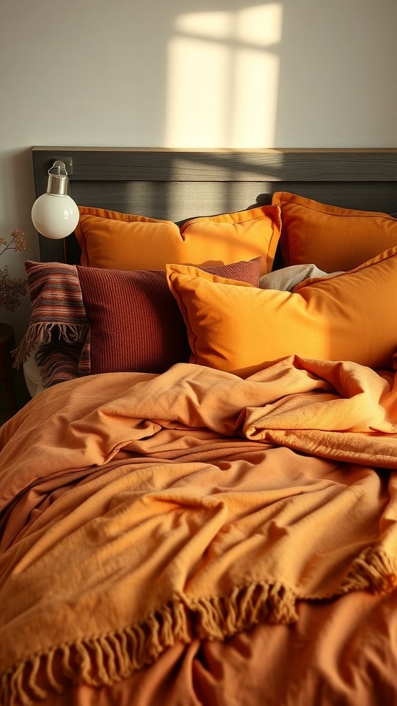 Cozy bed with warm orange and red bedding, showcasing autumn hues.