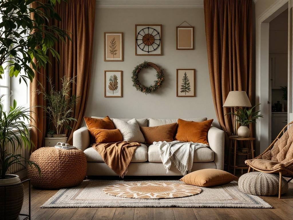 Cozy living room with earthy tones, featuring a sofa with pillows, plants, and warm decor.