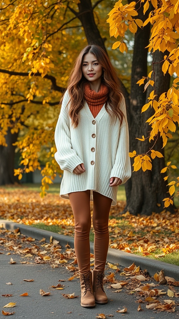 A stylish fall business casual outfit featuring a brown sweater, cream coat, brown pants, and a scarf, set against a backdrop of autumn leaves.
