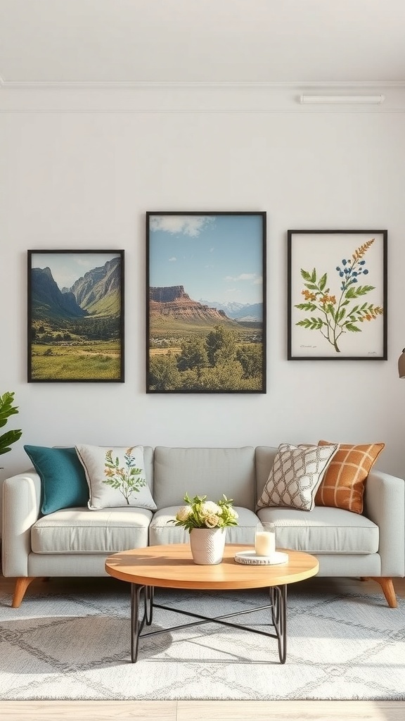 A cozy living room featuring nature-inspired wall art, a light sofa, and a wooden coffee table.