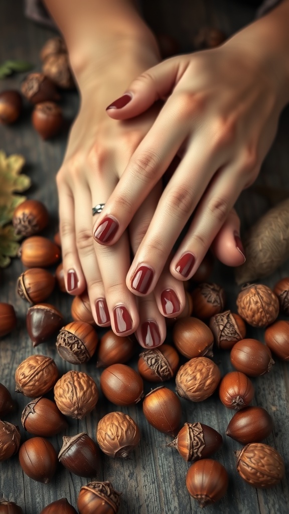 Close-up of hands with brown fingernail polish resting on a bed of acorns.