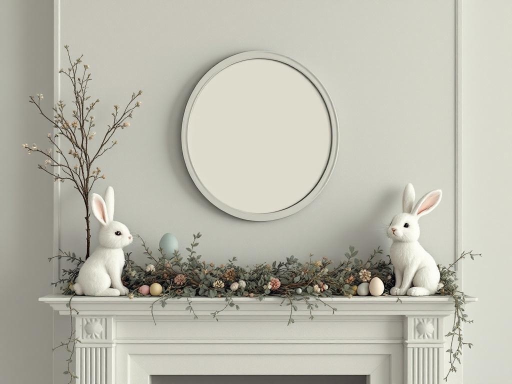 A spring mantel decorated with white bunnies, greenery, and pastel eggs.