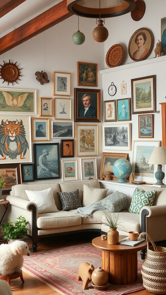 An eclectic living room with various art pieces on the wall, a comfortable sofa, and a wooden coffee table.