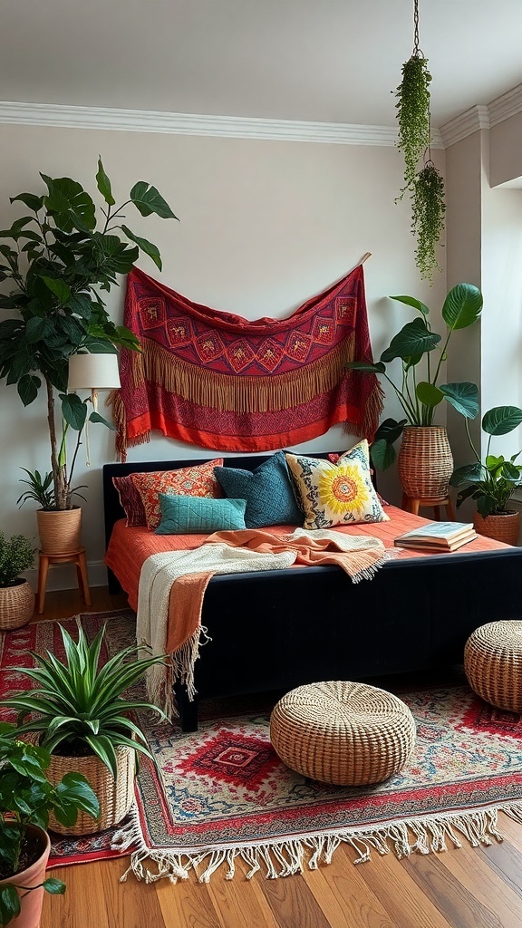 A cozy bedroom featuring a black velvet bed with colorful cushions, a vibrant wall hanging, and lush plants.