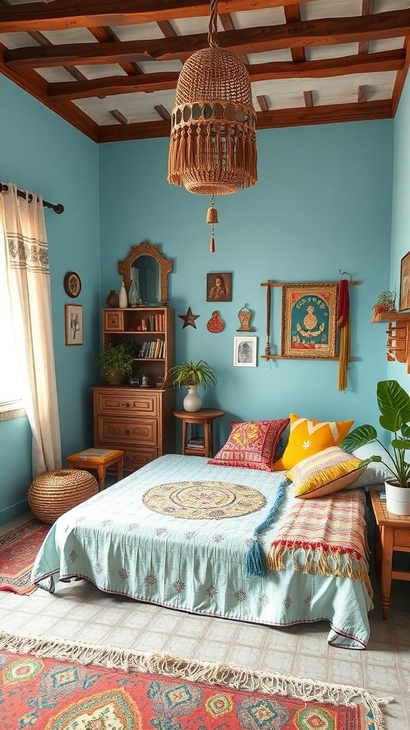 A cozy light blue bedroom with bohemian decor, featuring a bed with colorful pillows, woven textiles, and artistic wall hangings.
