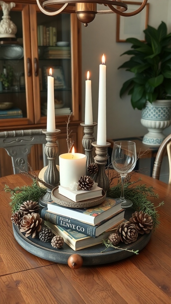 An eclectic centerpiece featuring candles, books, pinecones, and greenery on a wooden table.