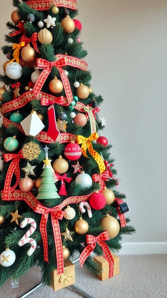 An eclectic Christmas tree decorated with colorful ornaments, ribbons, and unique decorations.