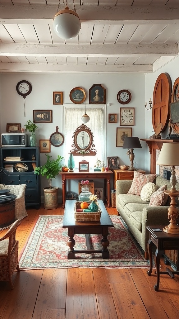 A vintage cottage living room with eclectic decor, featuring various clocks, framed art, and a cozy sofa.