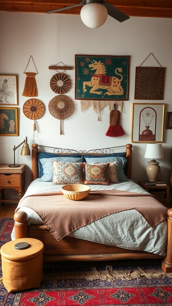 A rustic bed with eclectic decor accents including wall art and textured textiles.