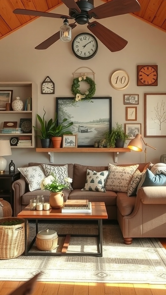 Cozy modern farmhouse living room with eclectic decor and personal touches.