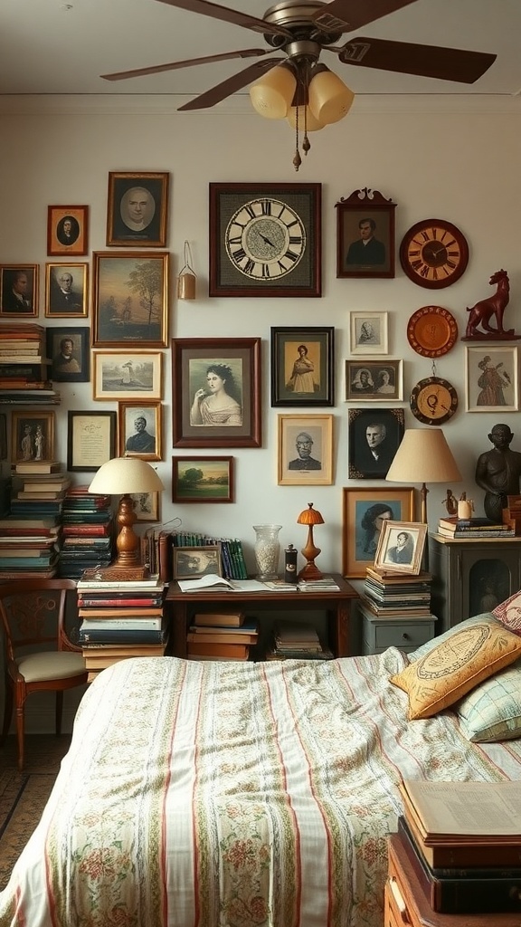A vintage bedroom with eclectic decor, featuring framed art, books, and a cozy bed.
