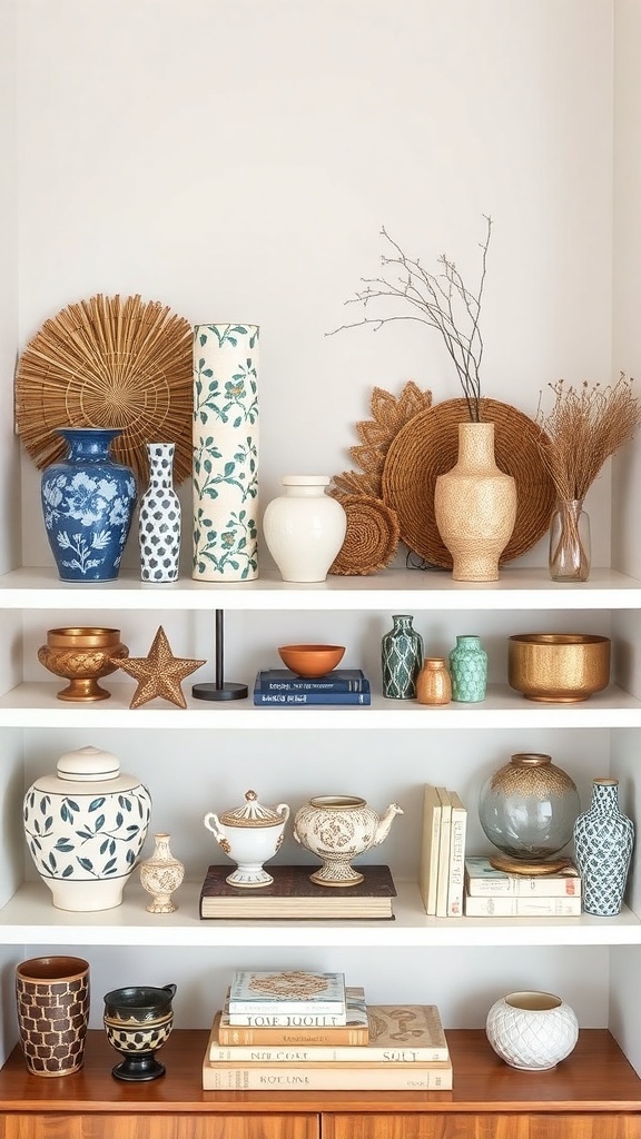 A collection of eclectic decorative accessories on shelves, including vases, bowls, and books.