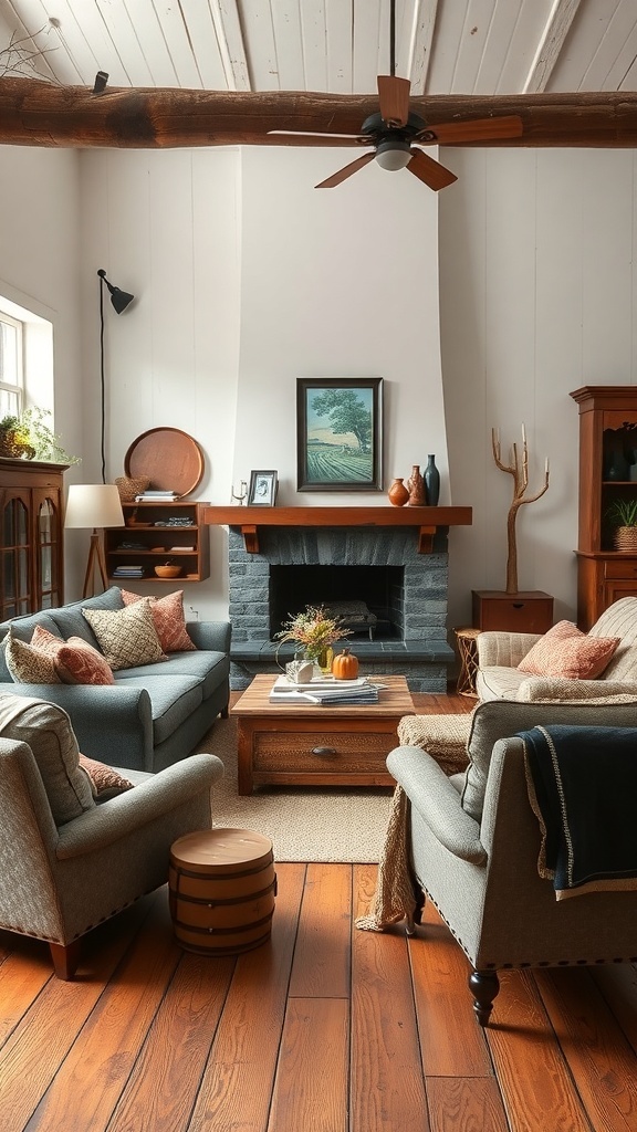 A rustic farmhouse living room featuring eclectic furniture arrangements with a cozy sofa and vintage armchairs.