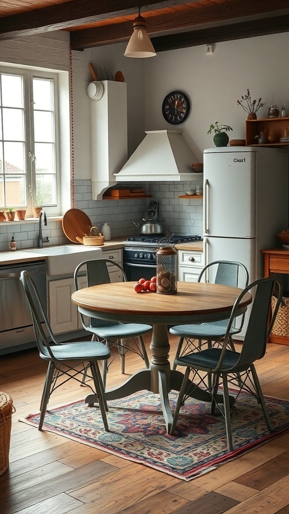 A cozy boho kitchen featuring a round wooden table with four eclectic chairs, a patterned rug, and warm lighting.