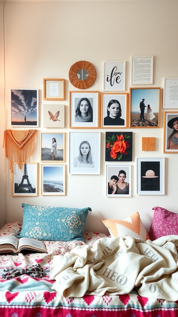 An eclectic gallery wall featuring a mix of framed photos and art in a boho dorm room.