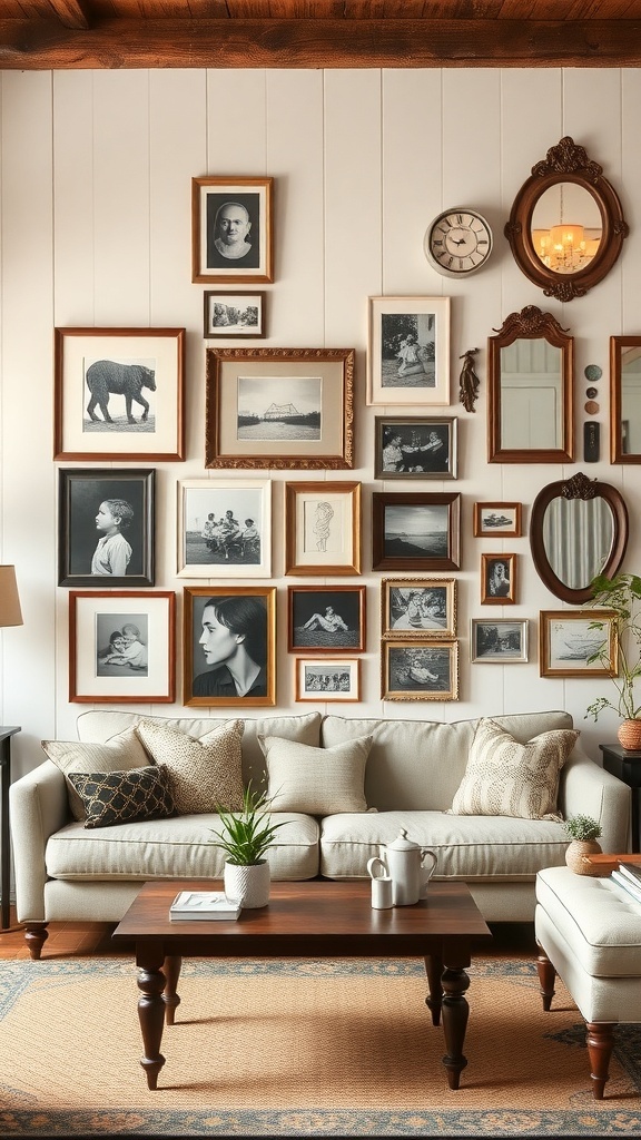 Eclectic gallery wall with various framed photos and mirrors in a vintage farmhouse living room.