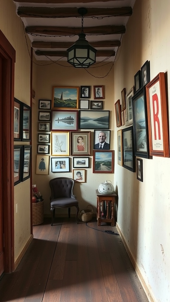 A hallway with a gallery wall featuring various framed pictures and a cozy chair.