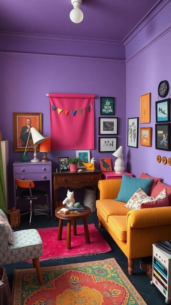 A vibrant and eclectic teen girl's bedroom featuring purple walls, an orange couch, and various artworks.