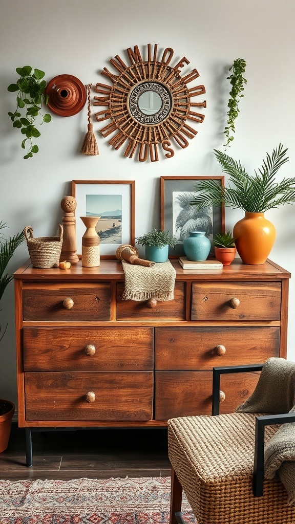 A wooden dresser decorated with vases, sculptures, framed art, and plants.