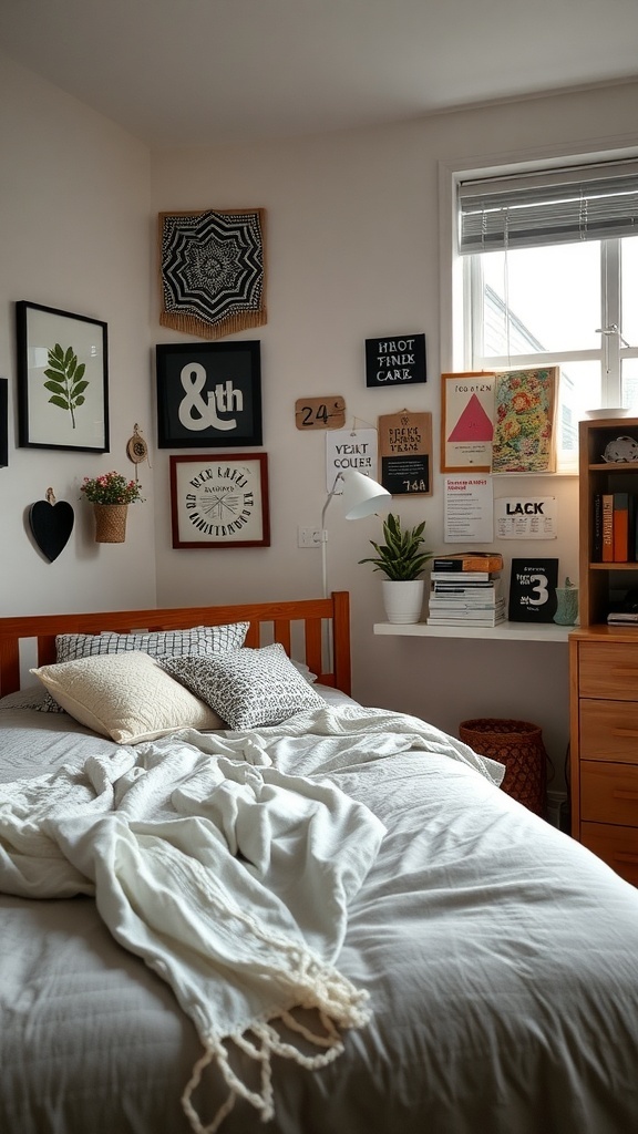 A cozy dorm room featuring a bed with patterned pillows, a light blanket, and a wall adorned with eclectic art.