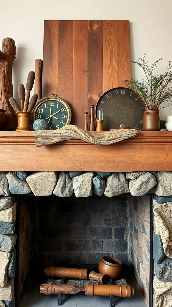 Rustic fireplace mantel with wood and stone elements.