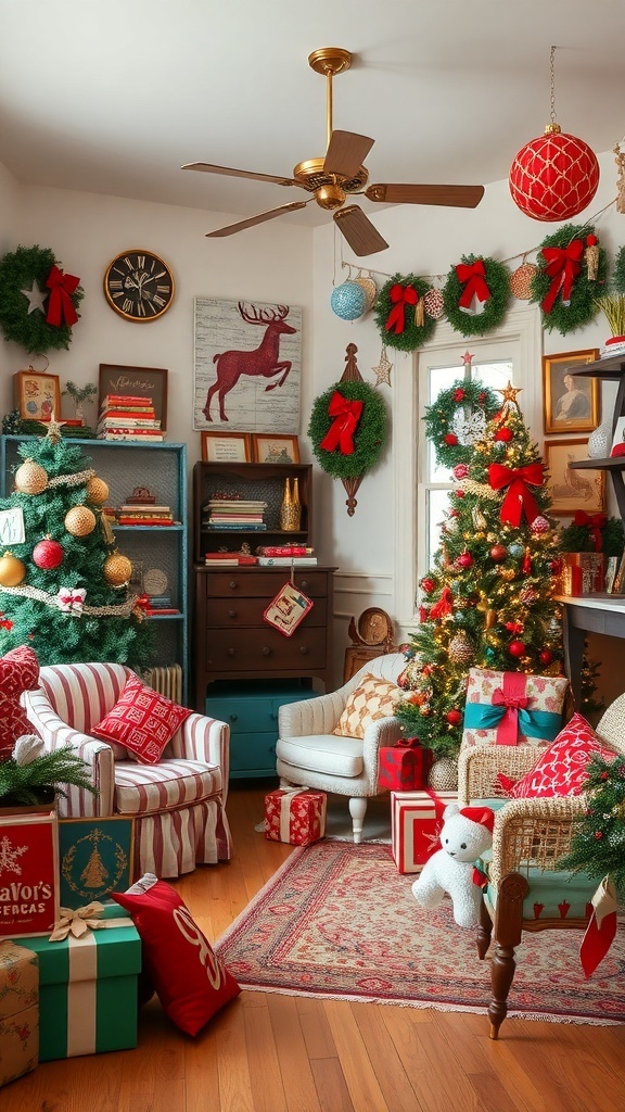 A cozy Christmas room decorated with a mix of vintage and modern decor, featuring a Christmas tree, presents, and festive ornaments.
