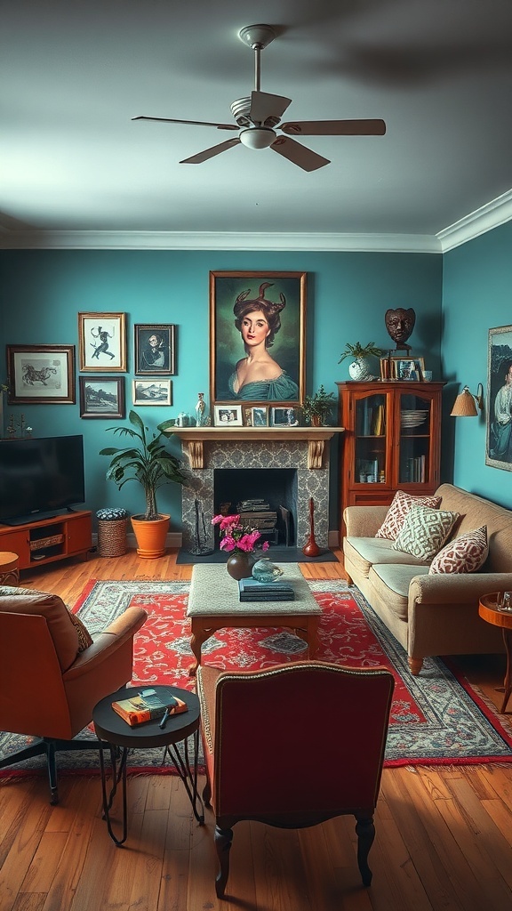 A cozy living room featuring a mix of vintage and modern decor, with colorful walls and unique artwork.