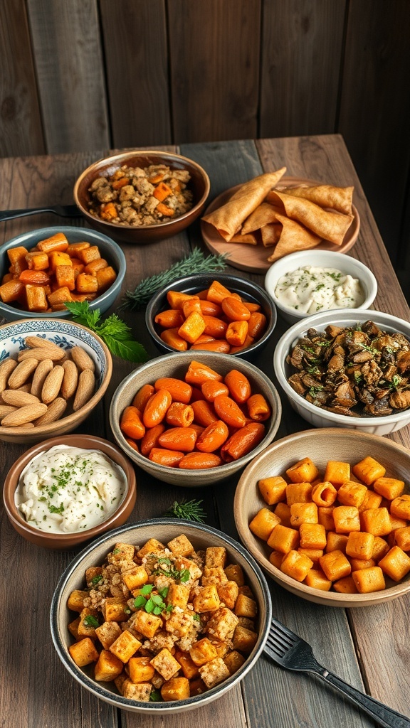 A rustic table set with various eclectic serving dishes filled with colorful food.