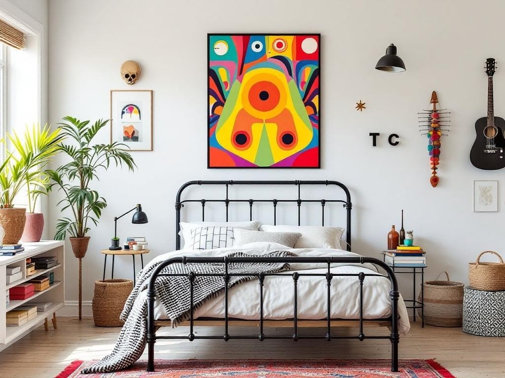 A stylish bedroom featuring a black metal bed frame, colorful artwork, plants, and eclectic decor.