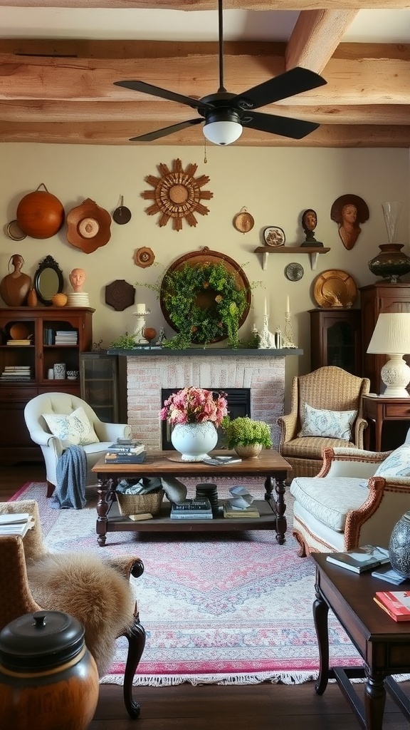 A rustic living room featuring vintage decor items like clocks, baskets, and a cozy seating arrangement.