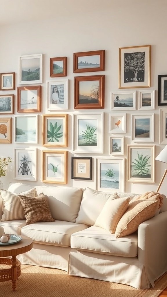 Eclectic wall art in a cozy cottage living room