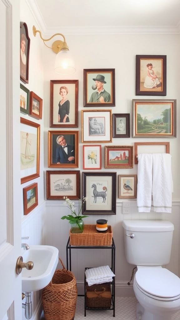 Eclectic wall art in a modern farmhouse bathroom featuring various framed artworks and a vintage bathtub.