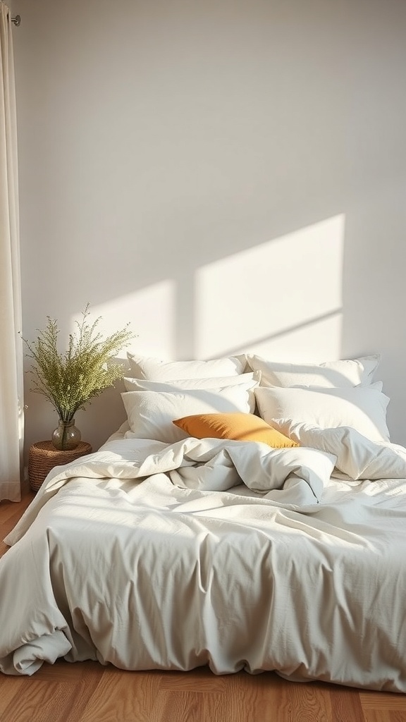 A cozy bed with eco-friendly bedding, featuring soft white sheets and a decorative orange pillow.