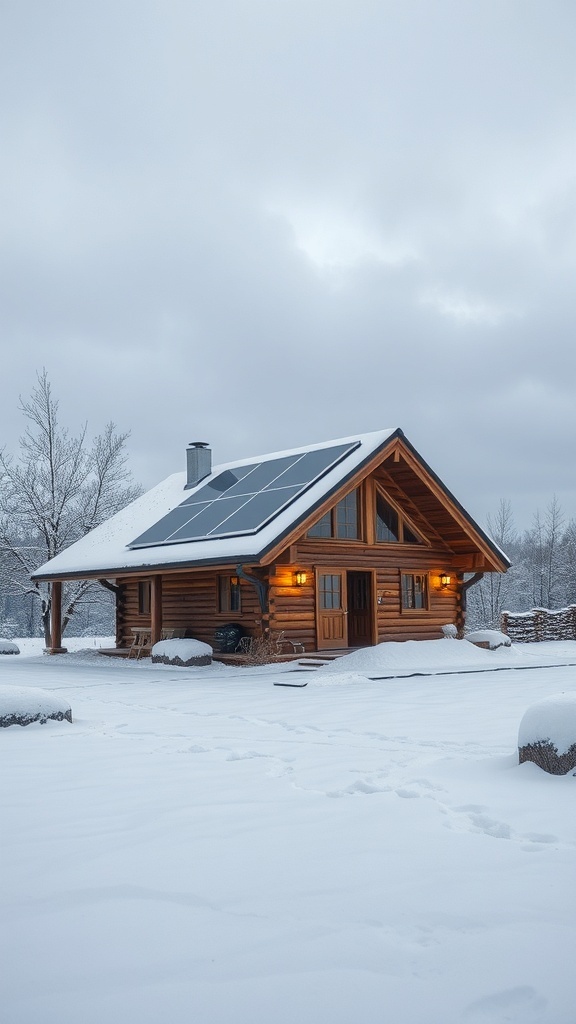A winter cabin with solar panels surrounded by snow.